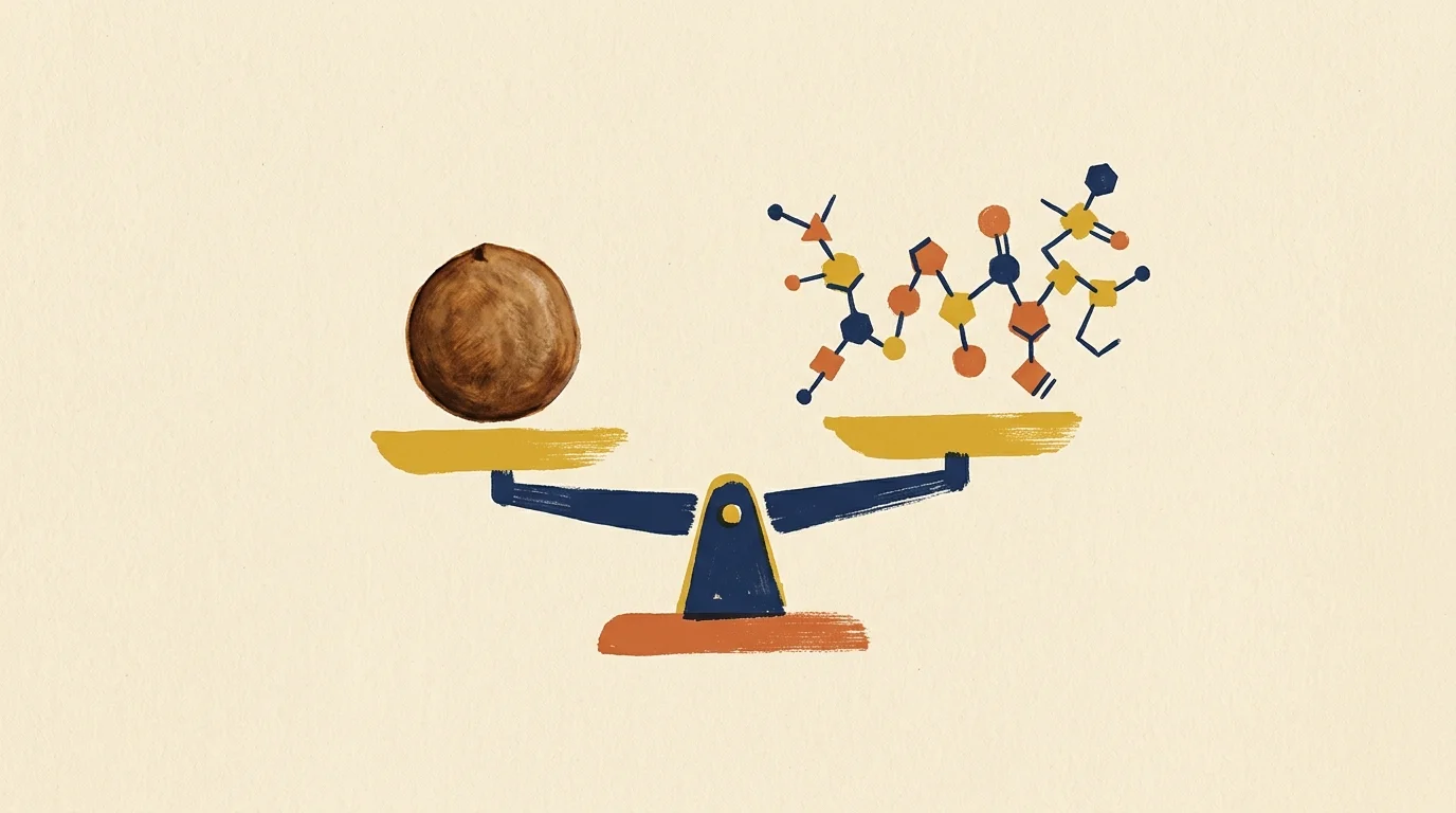 A minimalist gouache illustration of a balance scale holding a single lentil on one side and a molecular structure on the other.