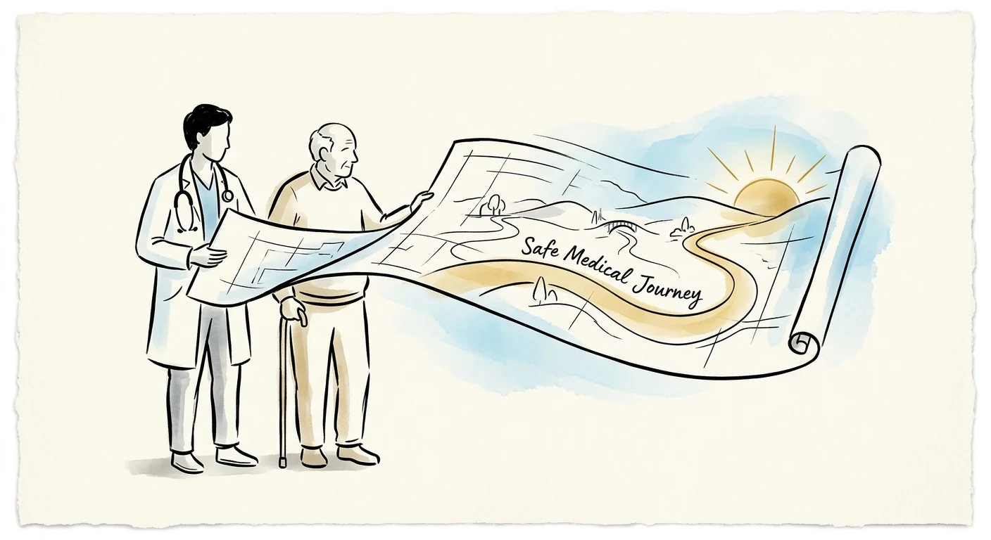 A minimalist ink drawing of a doctor and a patient holding a blueprint map that shows a safe, winding path toward a rising sun.