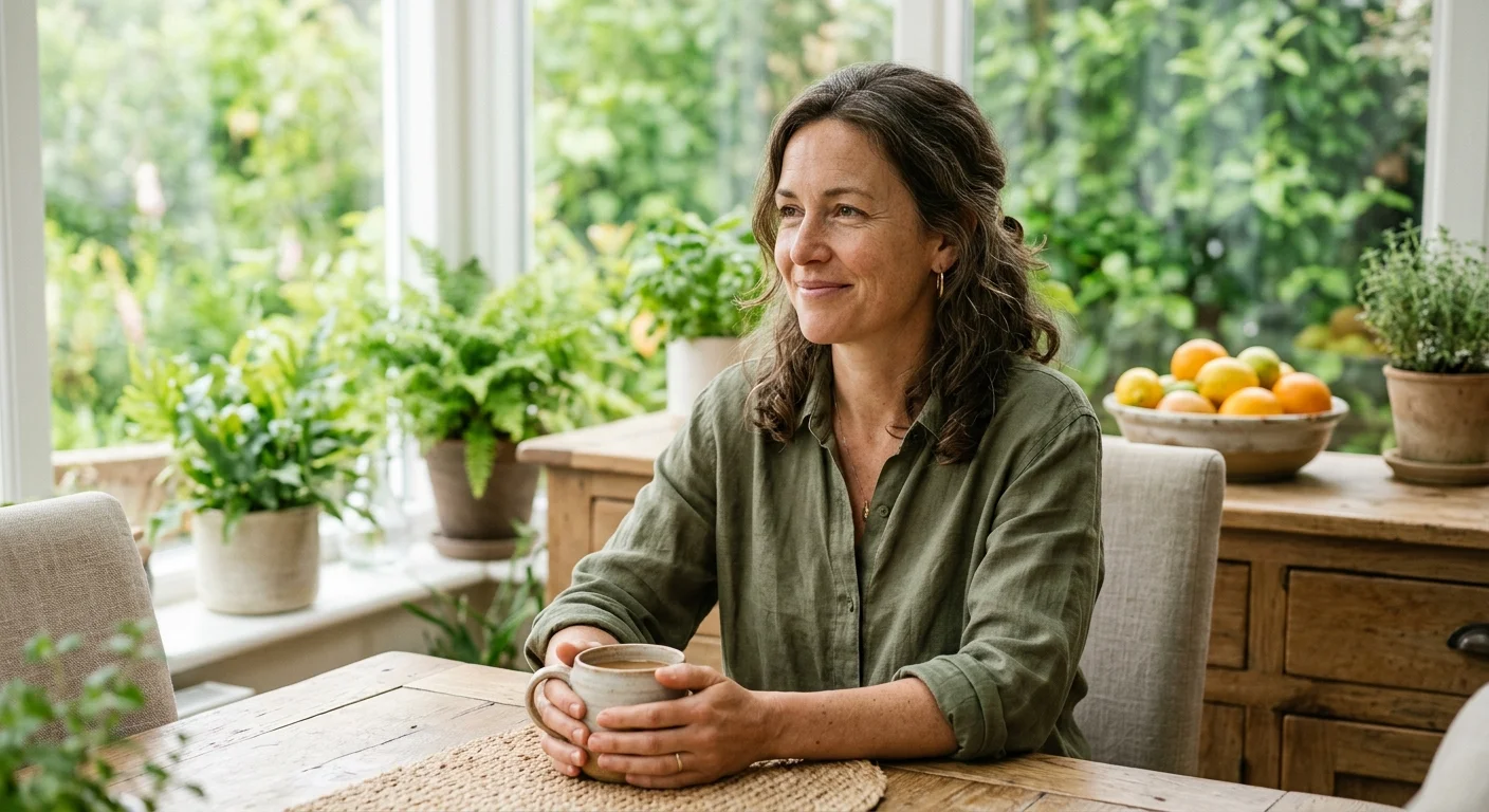 A natural portrait of a female nutritionist smiling warmly in a bright sunlit dining room.