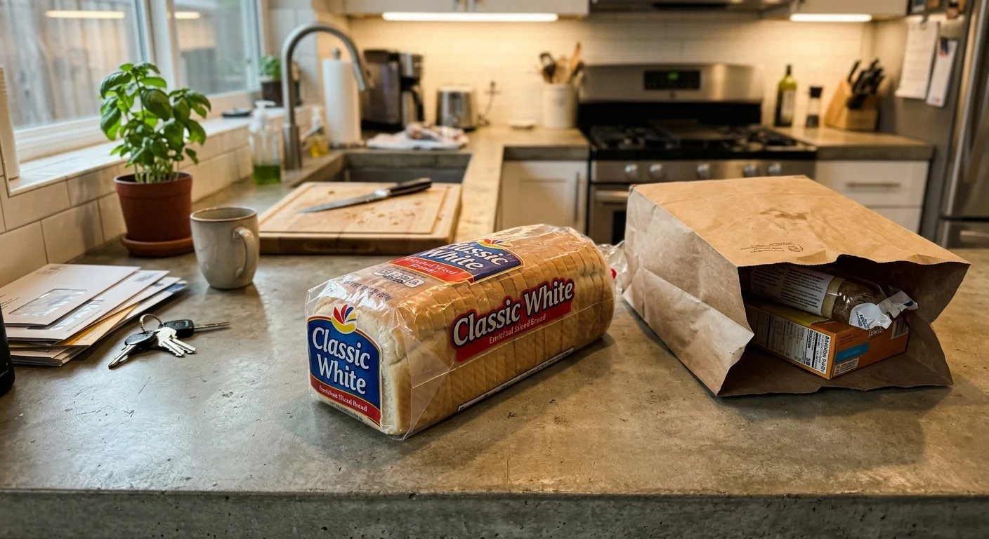 A plastic-wrapped loaf of white sandwich bread labeled 'Classic White' on a modern kitchen counter near a grocery bag.