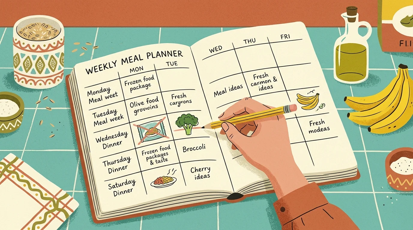 A retro gouache illustration of a weekly meal planner notebook on a kitchen counter with fresh vegetables and safe pantry items.