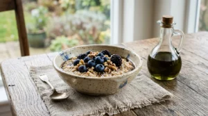 A rustic bowl of steel-cut oatmeal topped with fresh blueberries, blackberries, and walnuts, next to a small bottle of olive oil.
