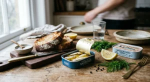 A rustic kitchen table featuring an open tin of sardines in olive oil, sourdough toast, fresh lemon, and dill.