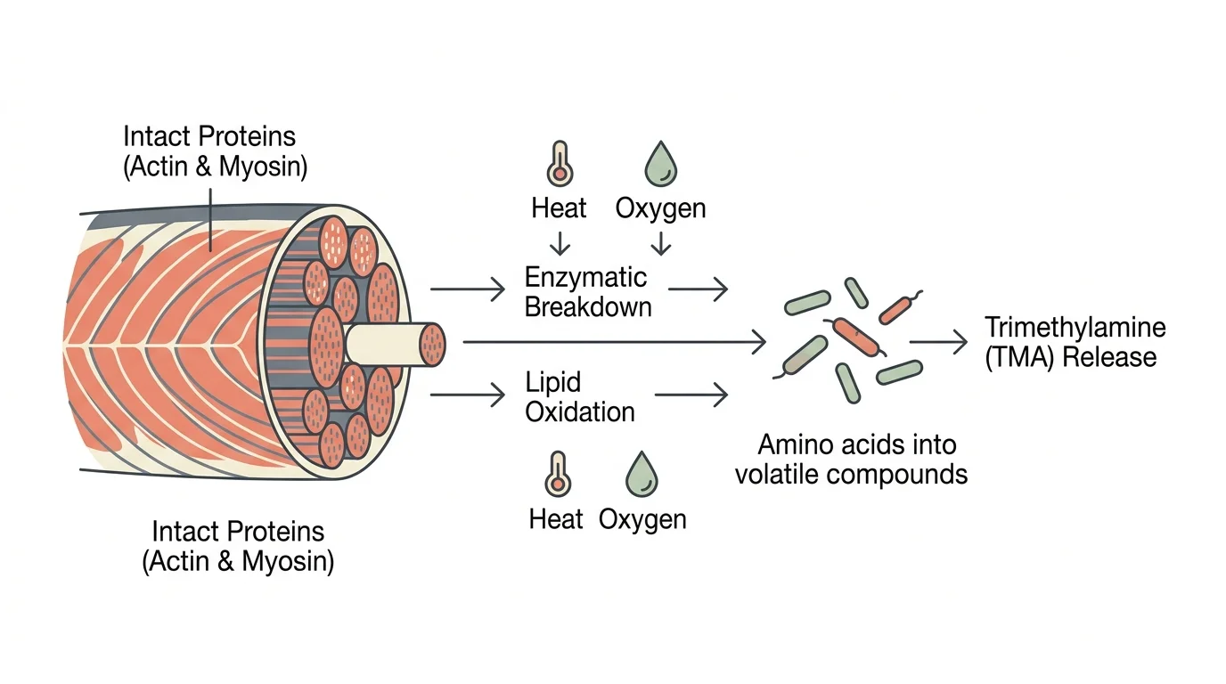 A scientific diagram showing the breakdown of fish proteins and lipid oxidation leading to the release of Trimethylamine.