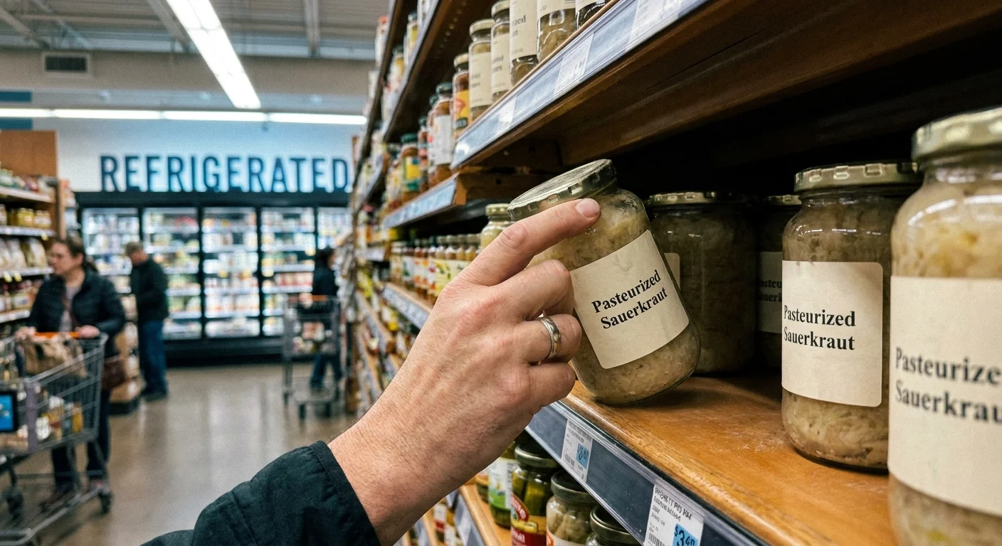 A shopper's hand reaching for a jar of pasteurized sauerkraut on a warm grocery store shelf, illustrating a common healthy eating trap.