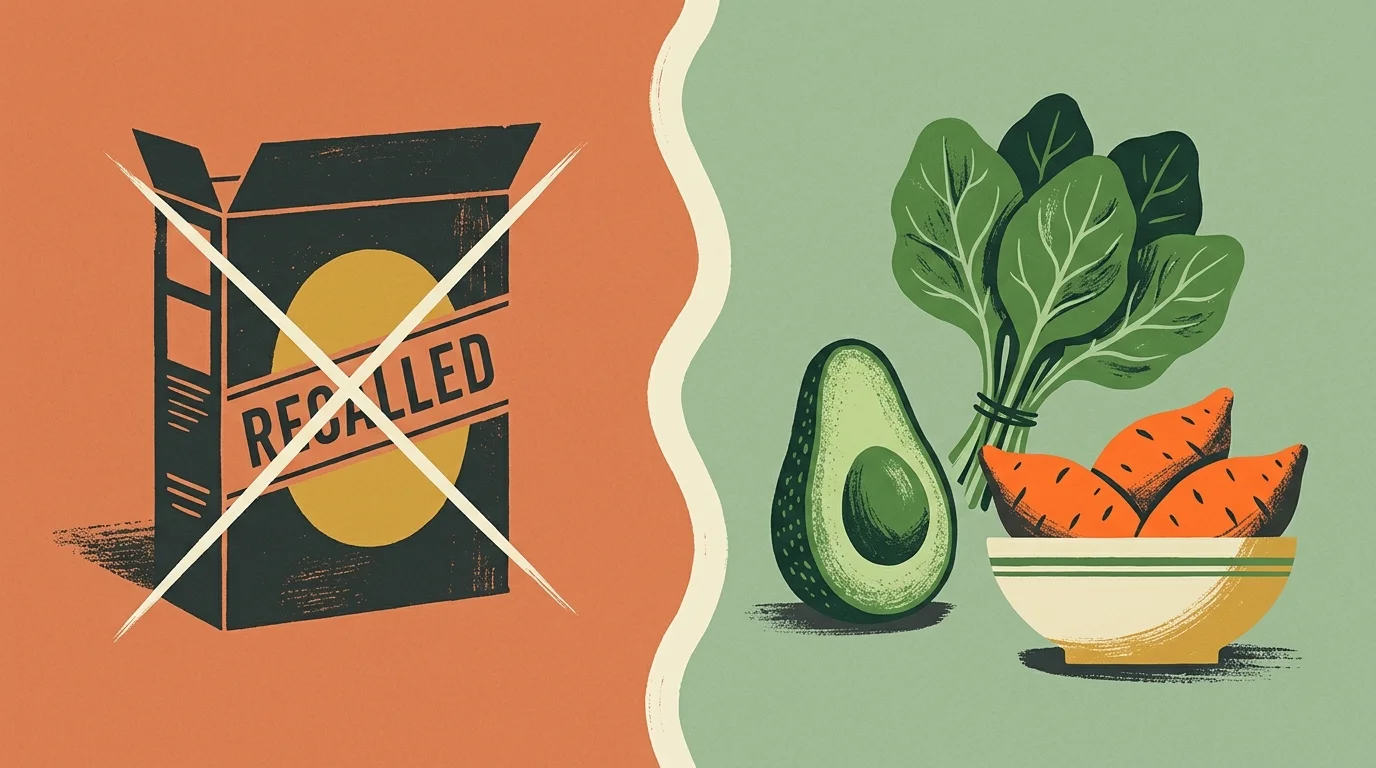 A split-screen print illustration showing a recalled food package on the left and a collection of fresh, safe, nutrient-dense produce on the