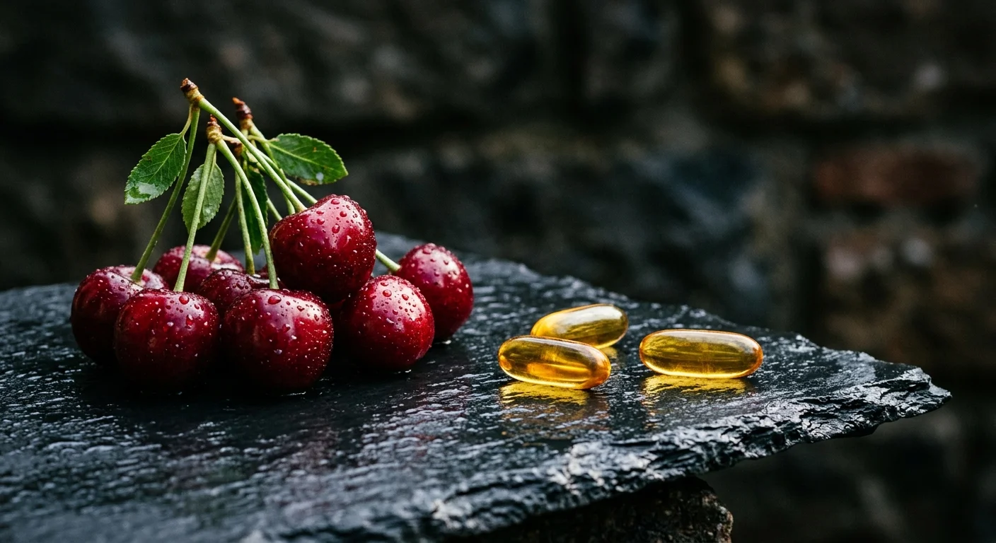 A still life photo of glossy red tart cherries with green stems next to glowing, golden omega-3 gel capsules on dark slate.