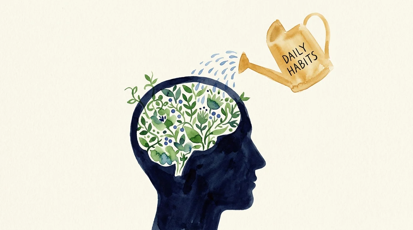 A stylized watercolor illustration of a human silhouette with a lush green garden in the brain, being watered by a can labeled Daily Habits.