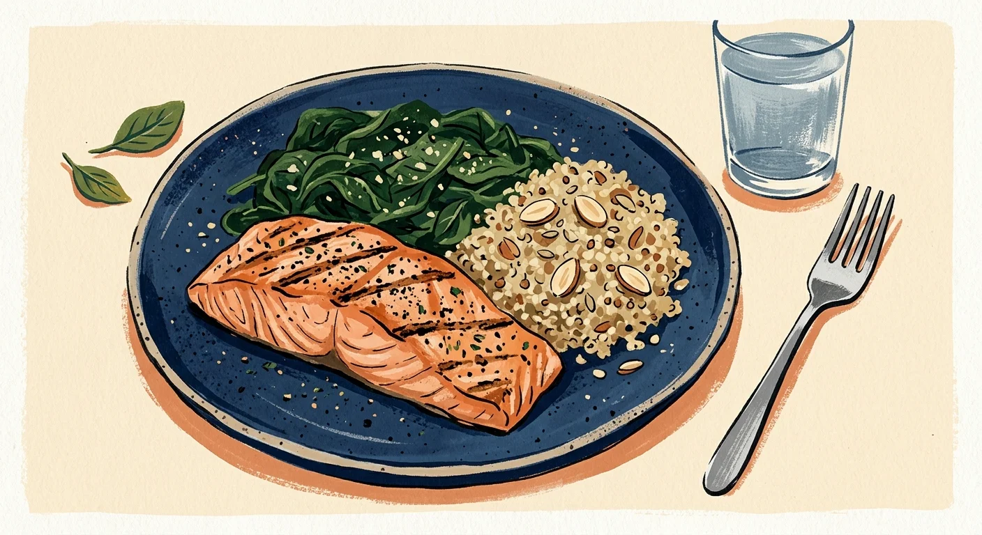 A textured gouache painting of a healthy plate containing grilled salmon, green spinach, and quinoa with almonds next to a glass of water.