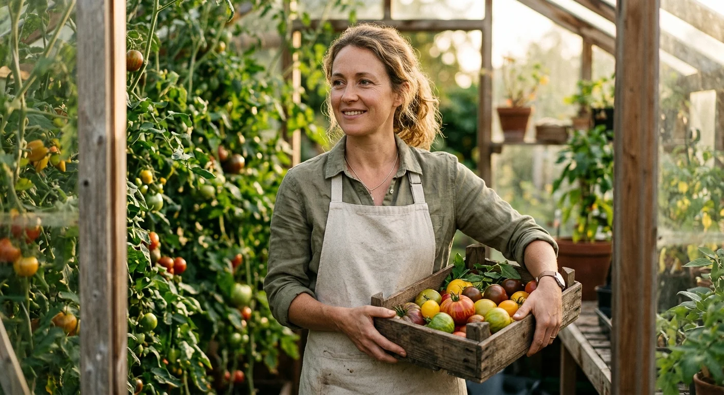 A thoughtful portrait of a nutritionist in a sunlit greenhouse holding a crate of fresh, organic heirloom tomatoes.