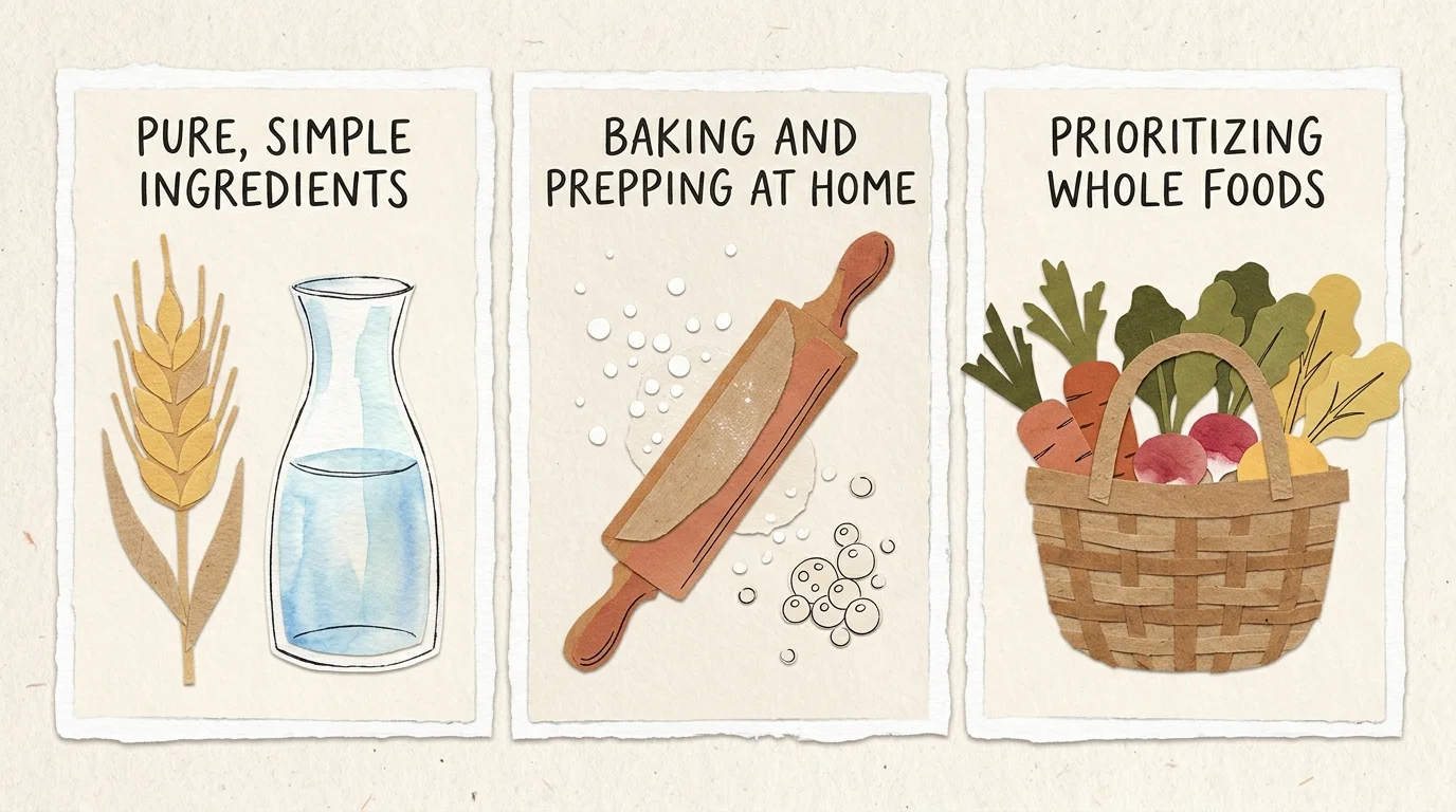A three-panel paper collage illustrating strategies for clean eating: simple ingredients, home baking, and fresh whole foods.