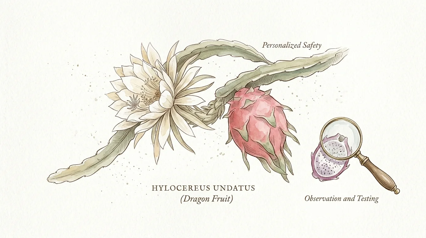 A vintage botanical watercolor of a dragon fruit plant with a magnifying glass focused gently on a sliced fruit.