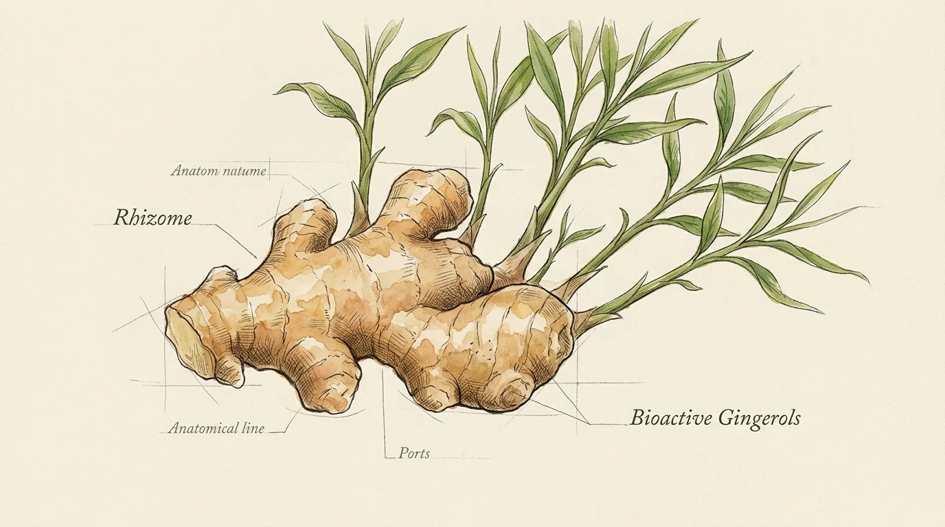 A vintage-style botanical watercolor and ink illustration of a ginger plant showing its knobby root and green shoots with handwritten labels