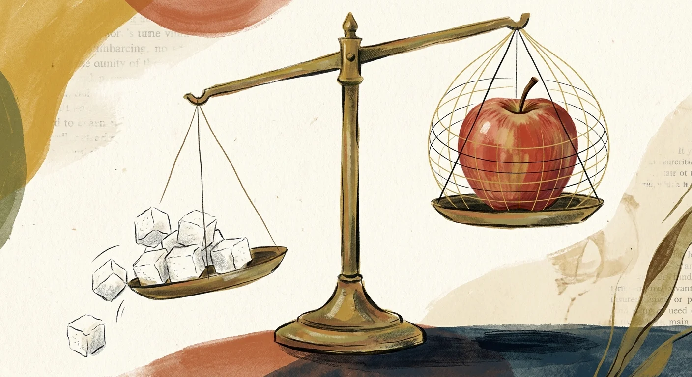 A warm gouache illustration of a balance scale showing an apple outweighing loose sugar cubes.