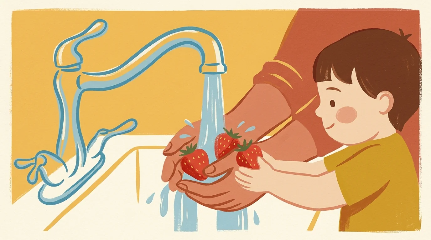 A warm gouache illustration of an adult and child washing fresh strawberries together under running kitchen water.