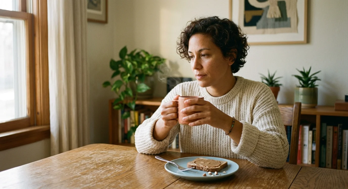 A warm, natural light portrait of a person sitting at a rustic dining table with a mug and a slice of toasted whole grain bread.