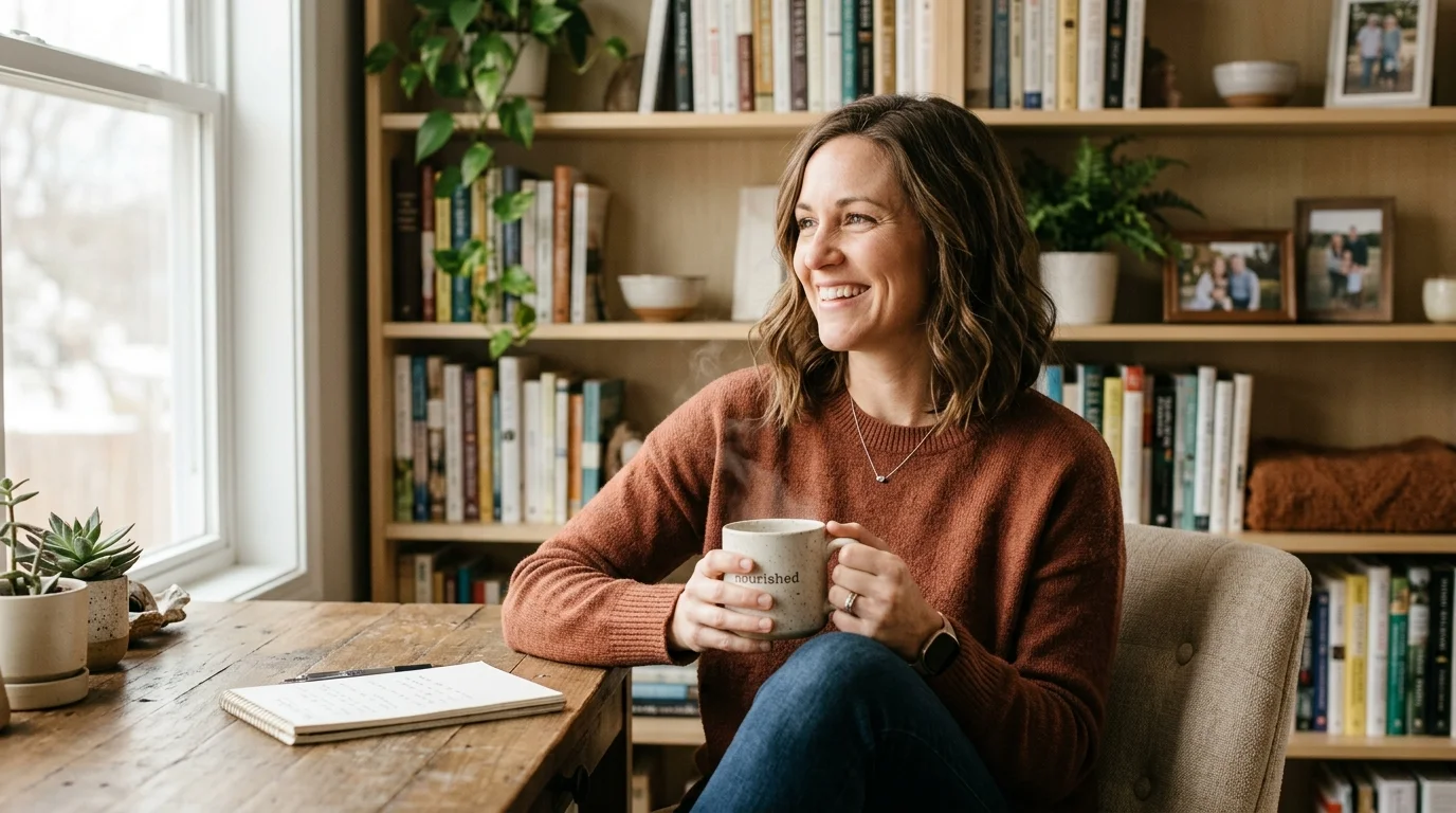 A warm, natural portrait of a dietitian in a cozy home office, holding a mug and smiling off-camera.