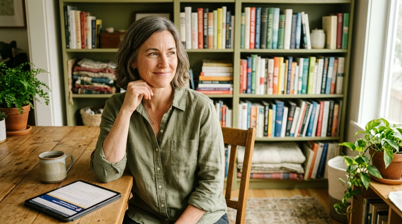 A warm, natural portrait of a female consumer safety expert sitting in her sunlit home office.