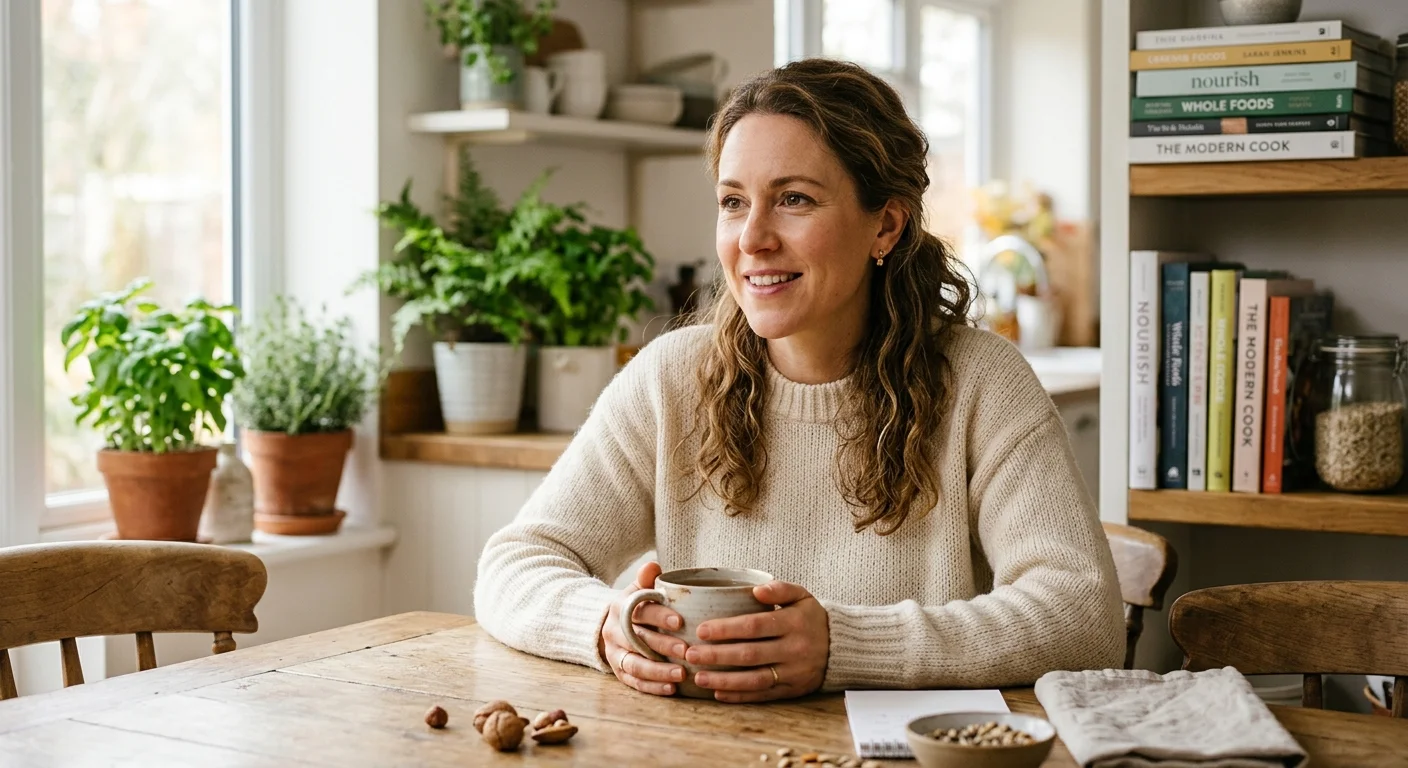 A warm, natural portrait of a nutritionist sitting at a sunlit kitchen table, conveying reliable and authentic advice.