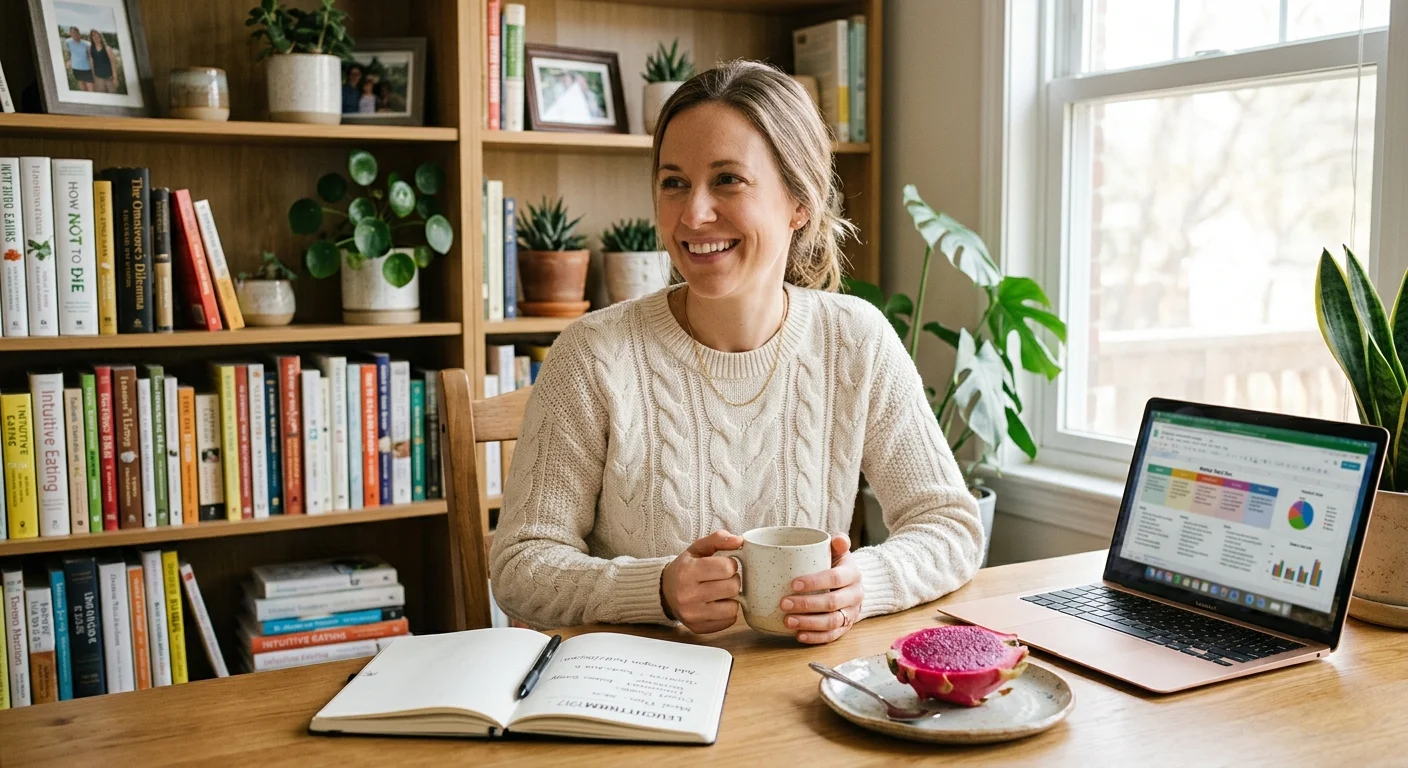 A warm portrait of a nutritionist in a cozy home office, sitting by a desk with a halved dragon fruit on a plate.
