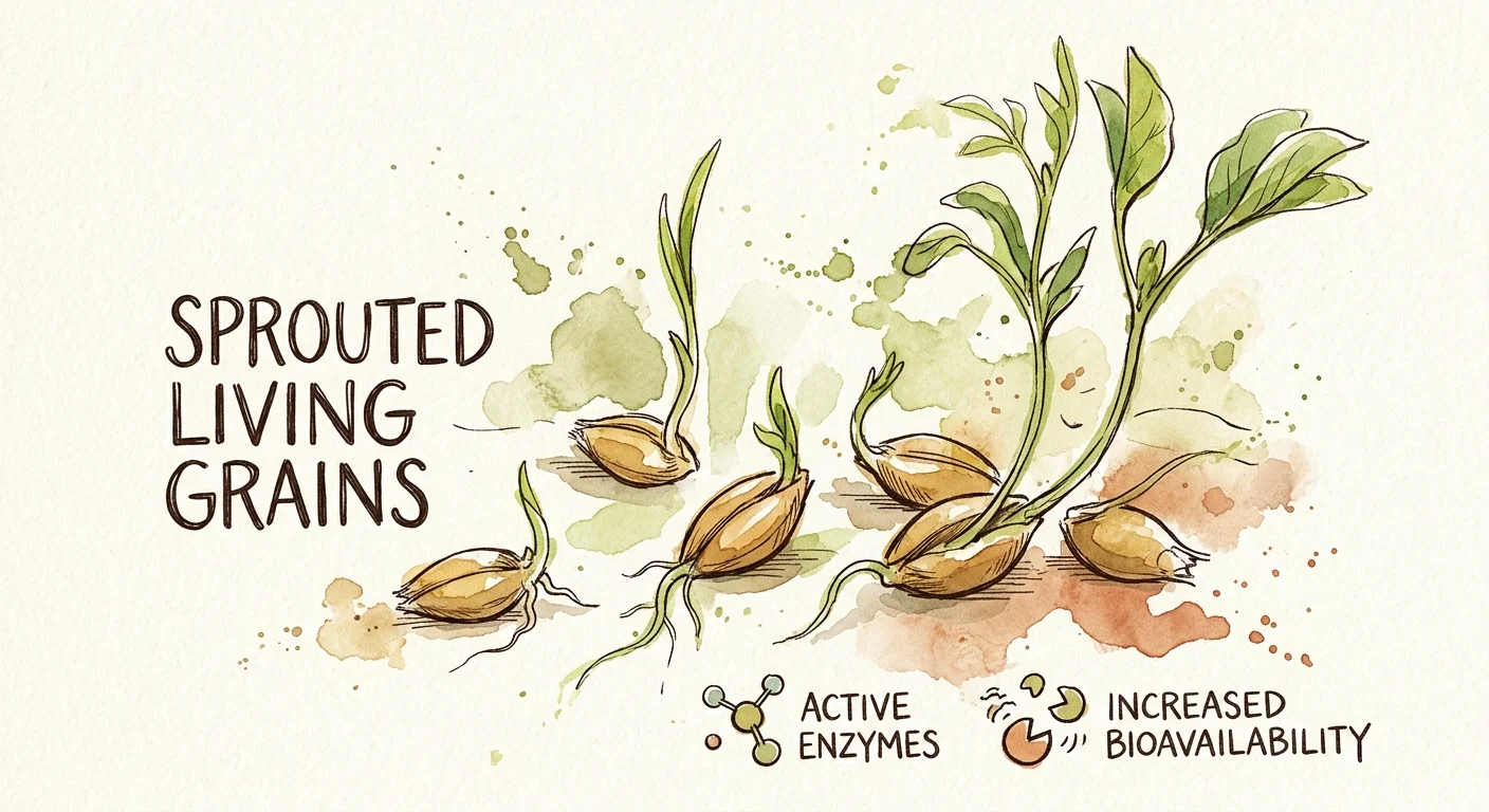 A warm watercolor and ink illustration of golden grains sprouting delicate green shoots on textured paper.