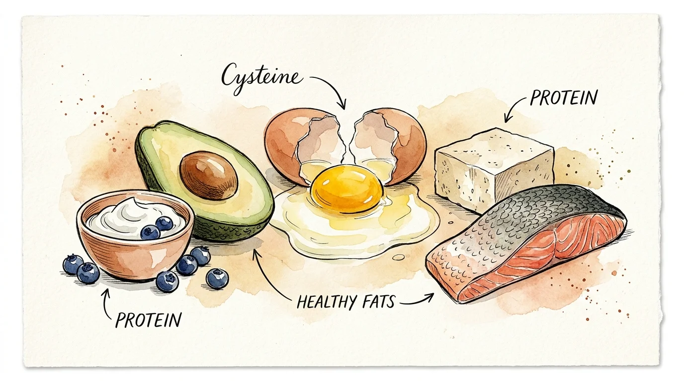 A watercolor and ink illustration of eggs, avocado, and Greek yogurt, highlighting key nutrients like cysteine for alcohol defense.