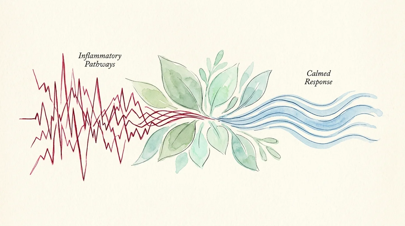 A watercolor concept drawing showing chaotic red spikes of inflammation transforming into calm blue waves as they pass through green leaves.