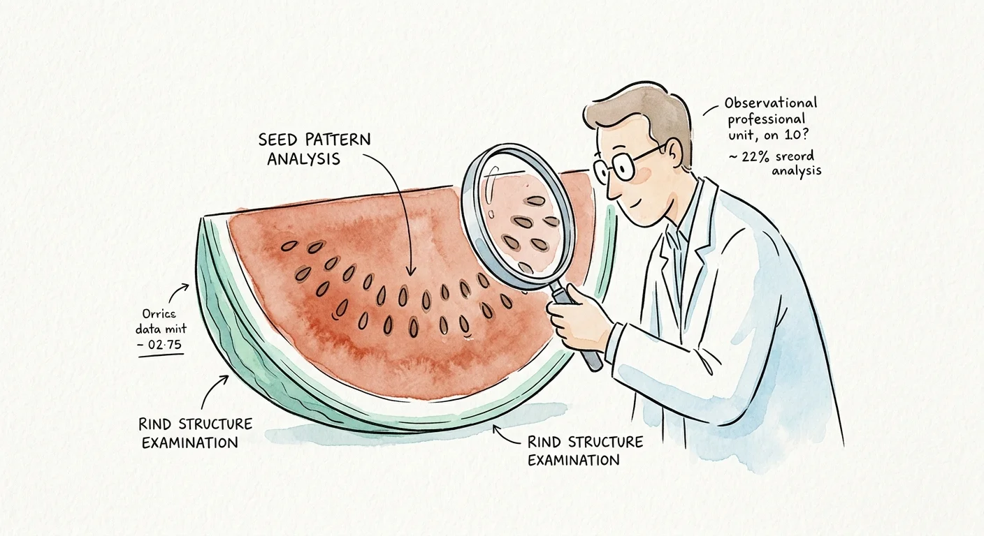 A whimsical watercolor illustration of a clinician examining a large watermelon slice with a magnifying glass.
