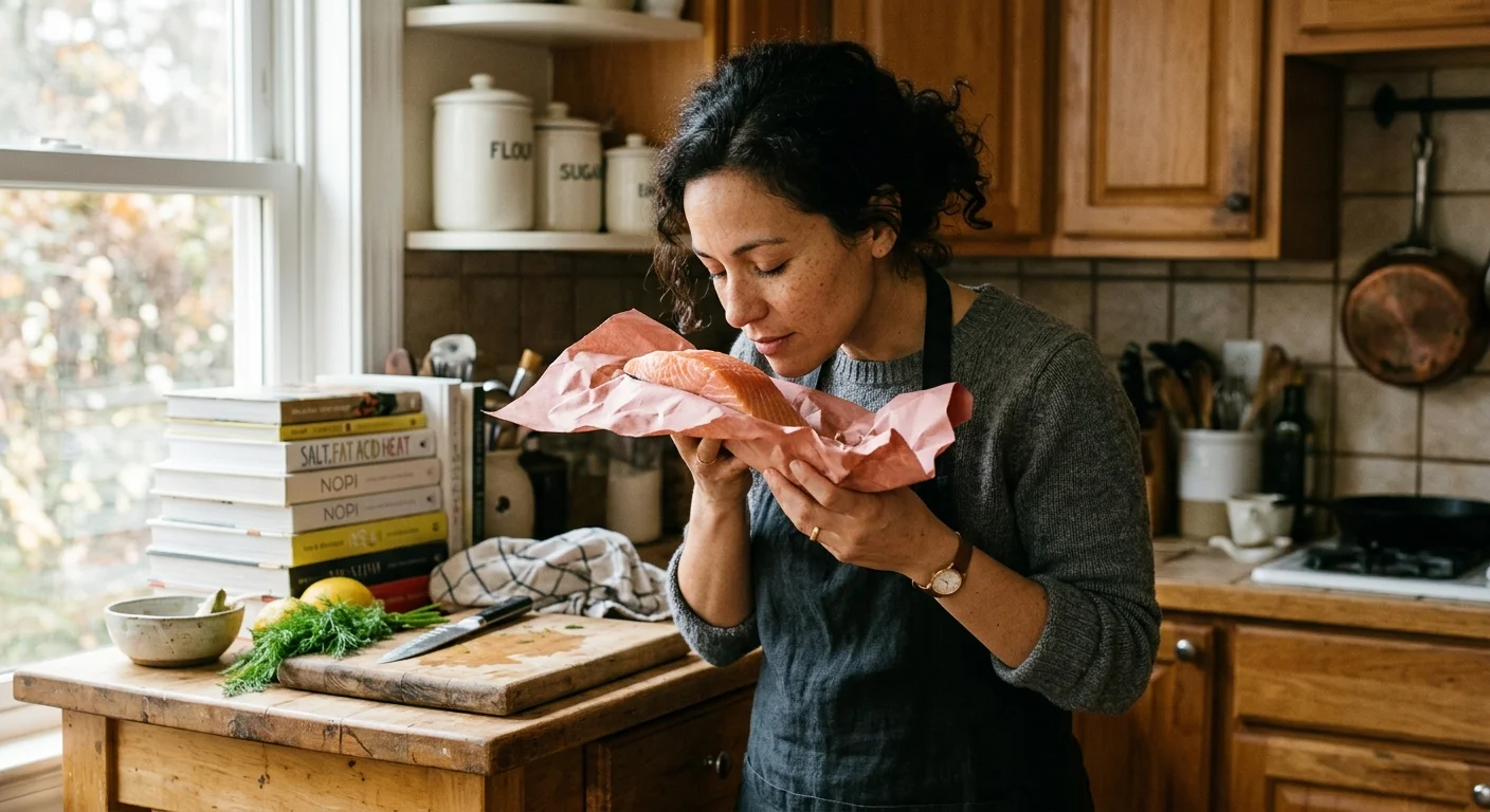 A woman in a sunlit home kitchen holds a raw salmon fillet up to her nose, carefully checking its scent for freshness.