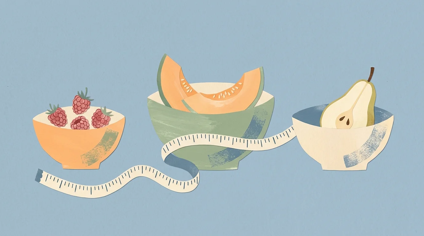 Abstract gouache illustration showing three bowls of fruit with a soft measuring tape winding between them.