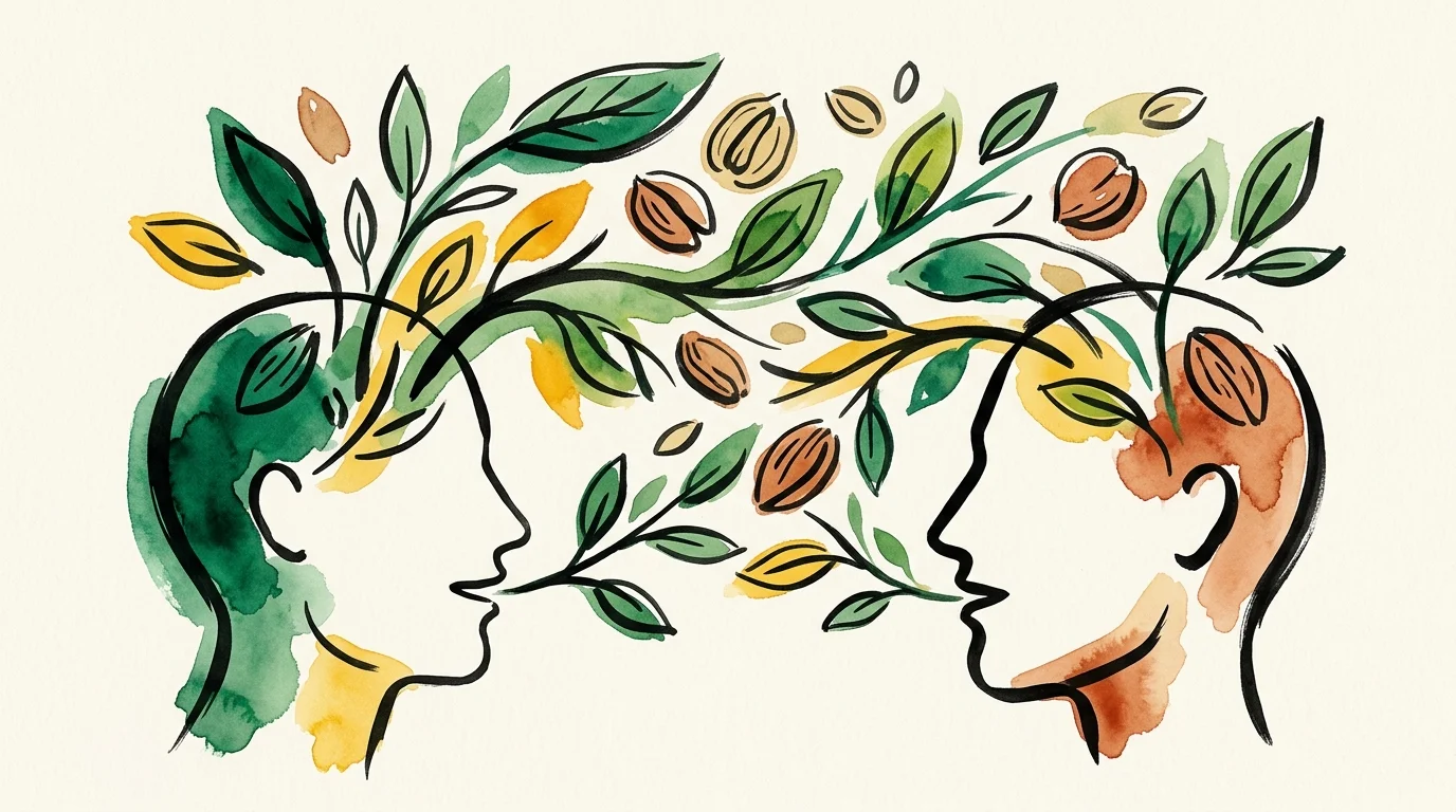An abstract watercolor and ink conceptual illustration of two stylized profiles sharing wisdom that grows into green leaves and nut shapes.