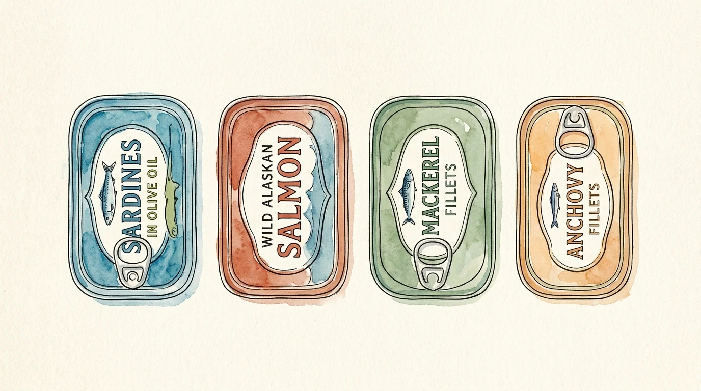 An artistic watercolor illustration of four gourmet fish tins, labeled Sardines, Wild Salmon, Mackerel, and Anchovy.
