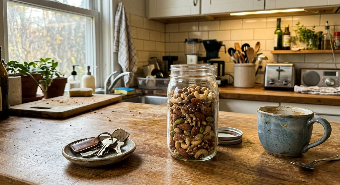 An authentic kitchen counter photo showing a glass jar of mixed nuts next to house keys and a coffee mug in the morning light.