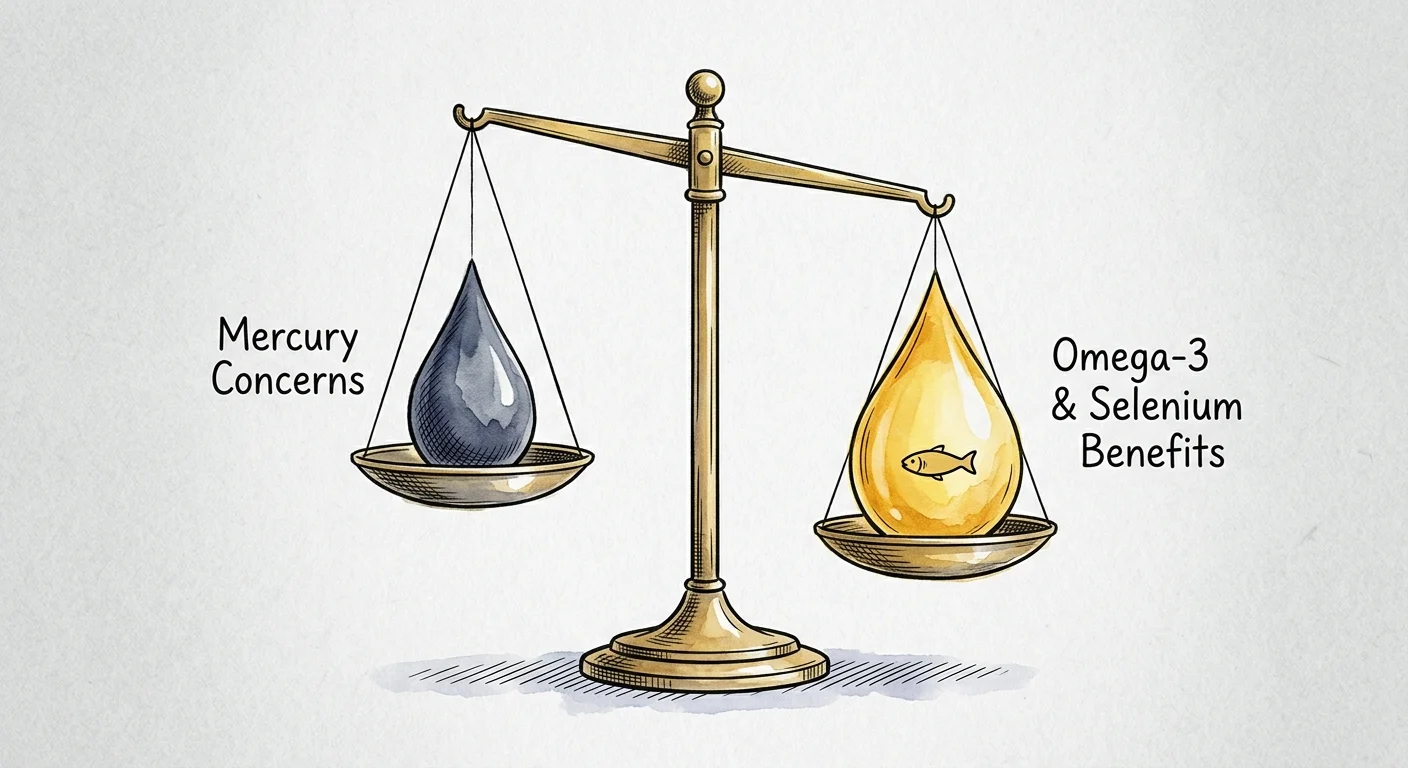An editorial watercolor illustration of a balance scale weighing mercury concerns against the heavy benefits of omega-3s.
