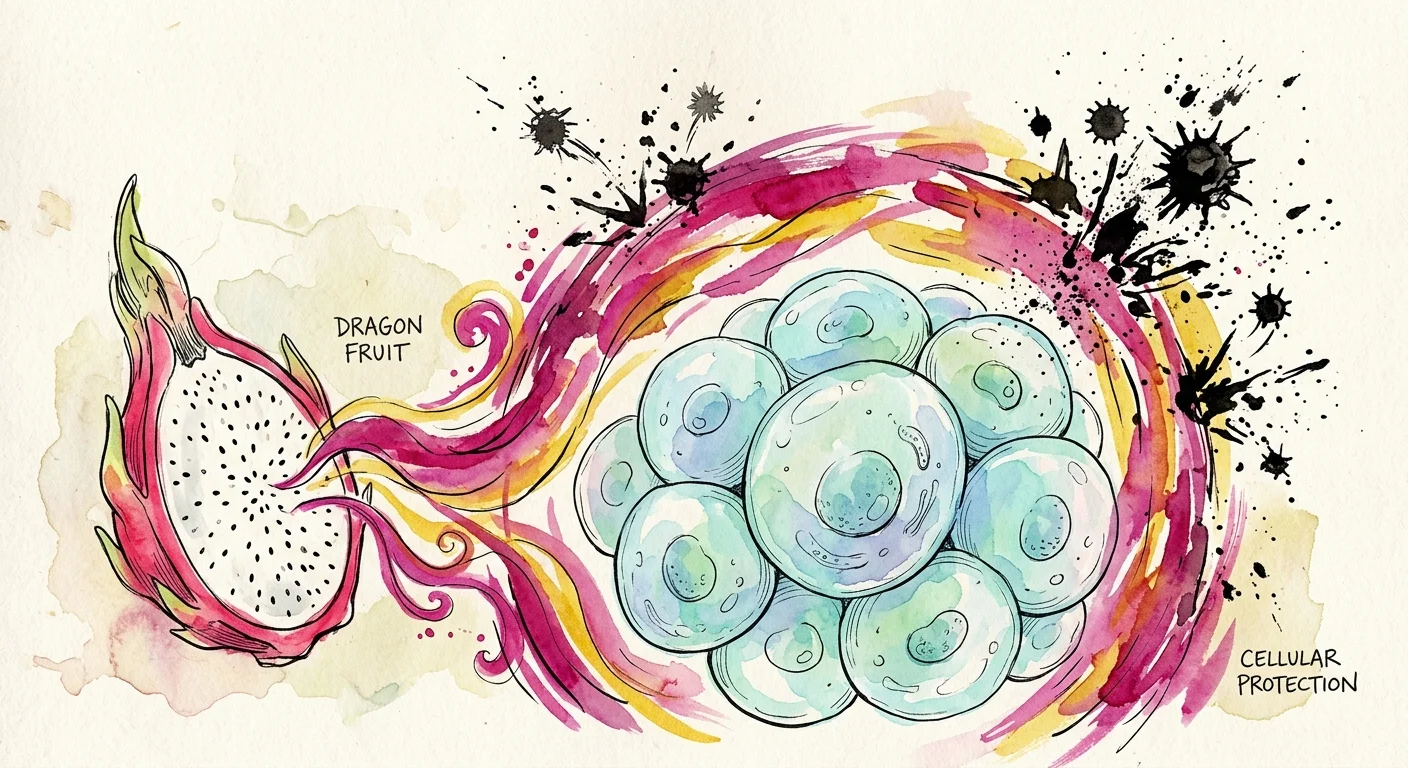 An editorial watercolor illustration showing soft blue cells protected by a vibrant magenta and gold shield against free radicals.