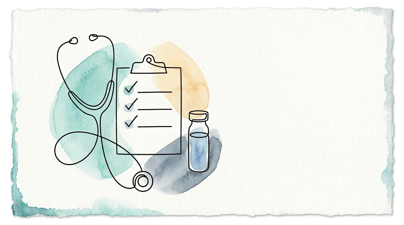 An elegant watercolor and ink illustration of a stethoscope looping around a clinical chart and a test vial.