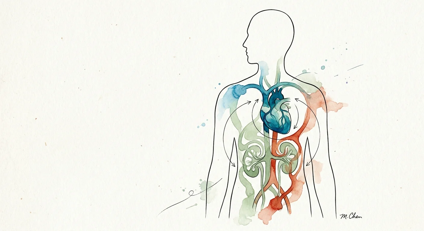 An ink and watercolor illustration of a human silhouette with interconnected blue, green, and red washes symbolizing cardiovascular and kidn