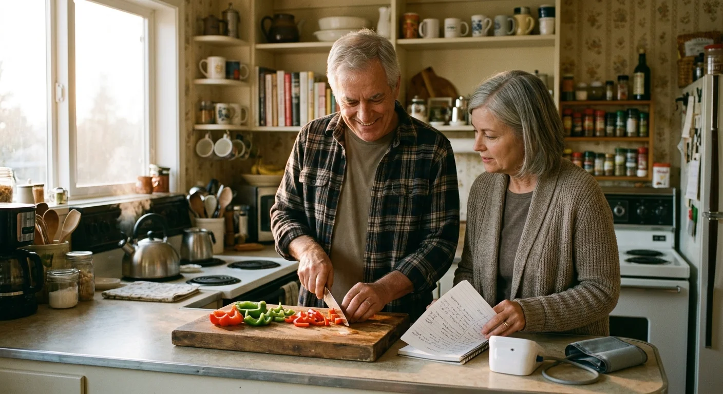 An older couple in a warm kitchen cooking a meal together while tracking health parameters in a notebook next to a monitor.