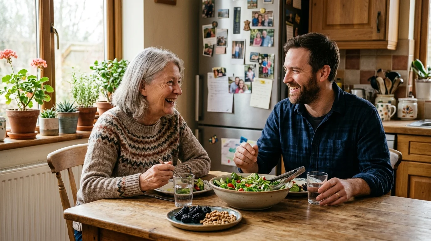 An older woman and her adult son sharing a healthy meal and laughing together at a warm kitchen table.