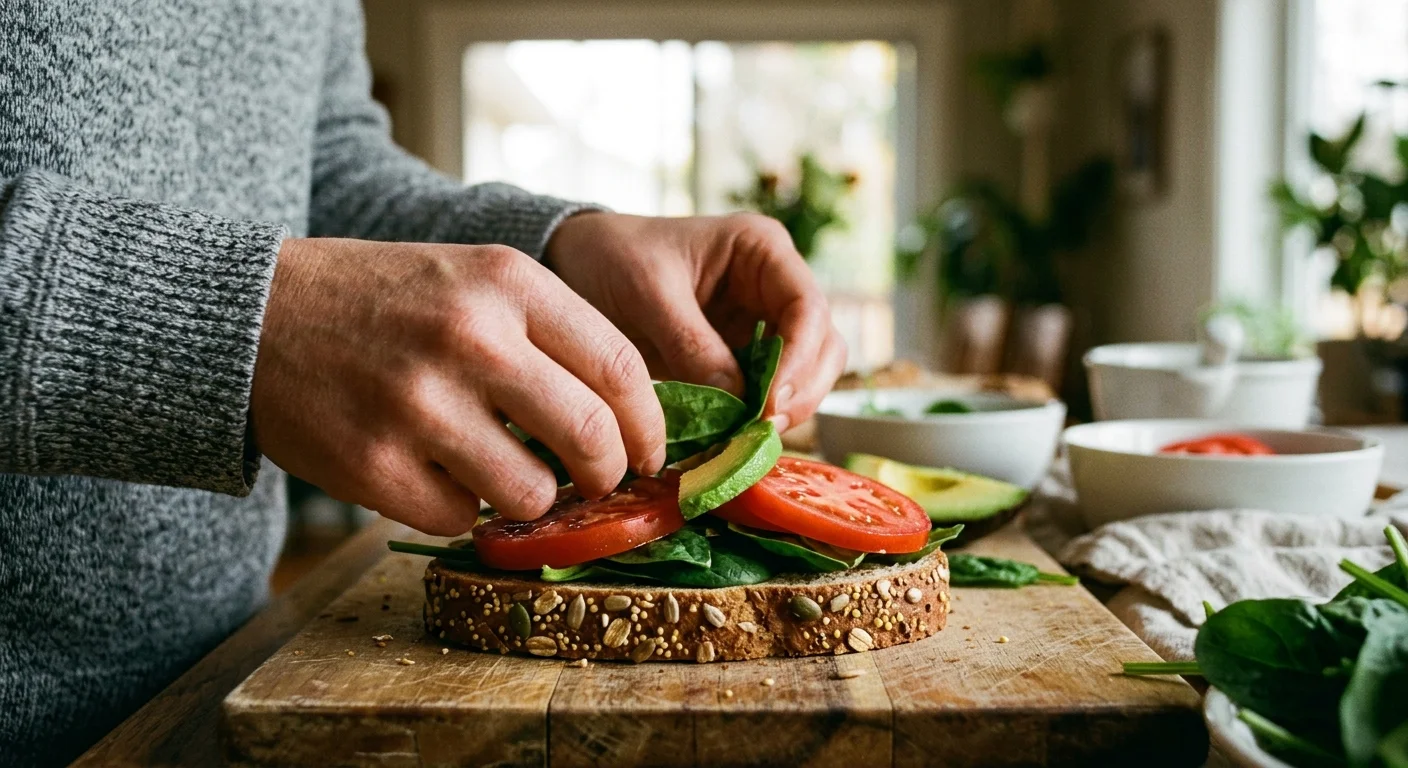 Close-up of hands building a healthy sandwich with avocado, spinach, and tomatoes on thick, seedy whole wheat bread.