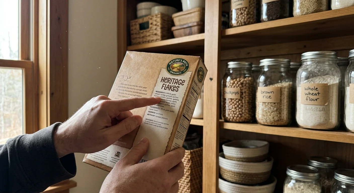 Close-up of hands holding a food package to read the ingredients label in a warm, naturally lit home kitchen pantry.