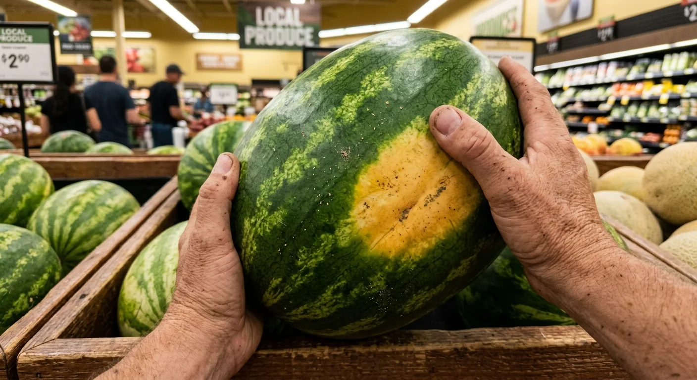 Close-up of hands rotating a watermelon in a grocery store to inspect its deep creamy-yellow field spot.