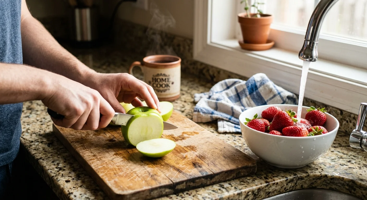 Close-up of hands slicing a green apple on a wooden board next to fresh strawberries in a warm kitchen.
