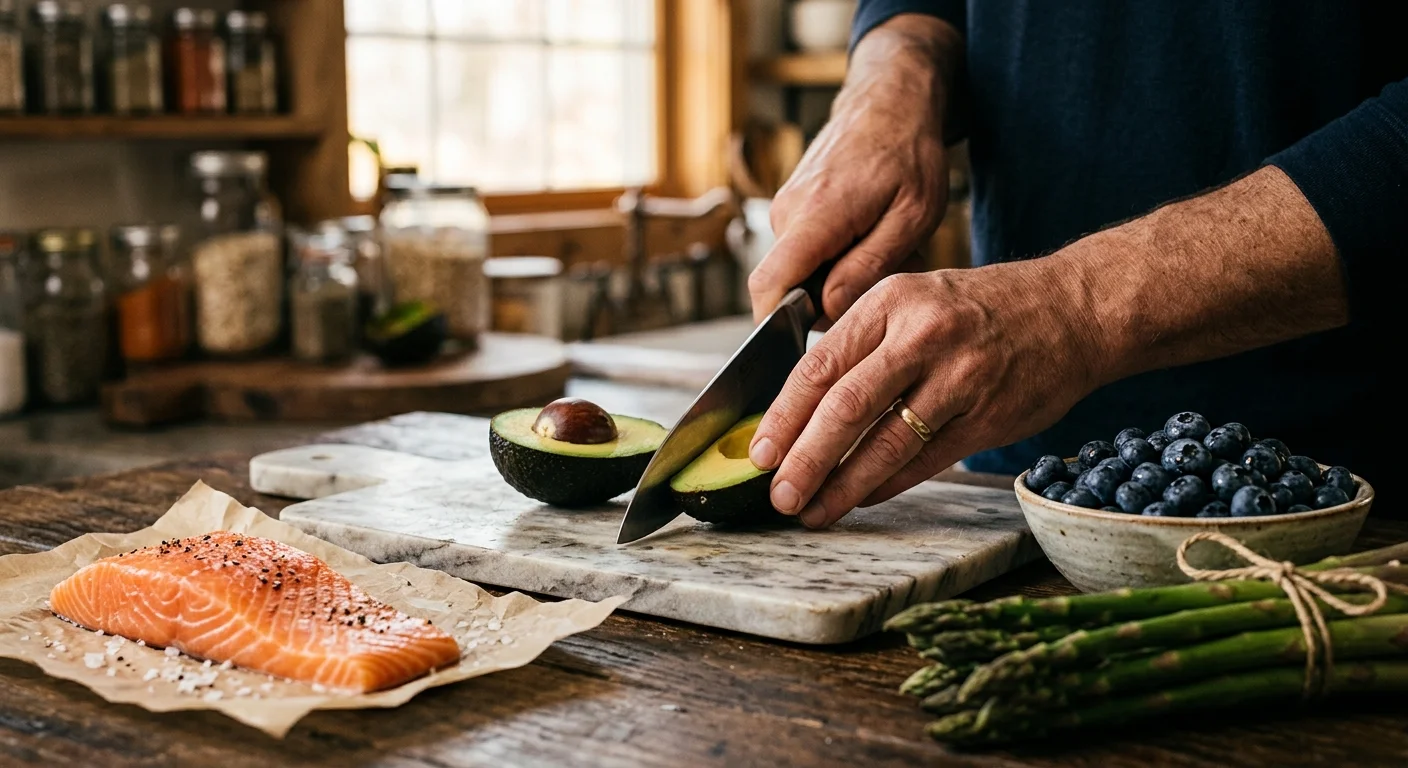 Hands slicing a fresh avocado on a cutting board next to wild salmon, blueberries, and asparagus in a sunlit kitchen.