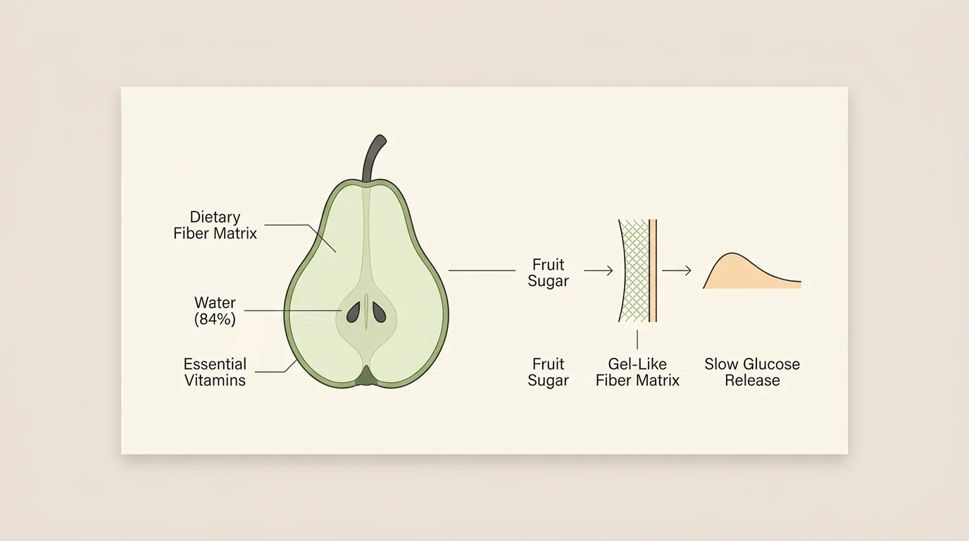 Minimalist diagram of a pear cross-section illustrating how dietary fiber slows sugar absorption.