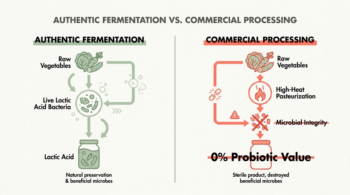 Side-by-side infographic comparing authentic fermentation's live bacteria with commercial pasteurization's zero probiotic value.