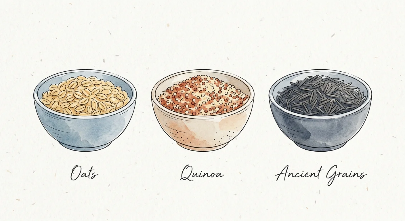 Watercolor sketch of bowls containing gluten-free alternative grains like oats and quinoa, labeled on textured paper.