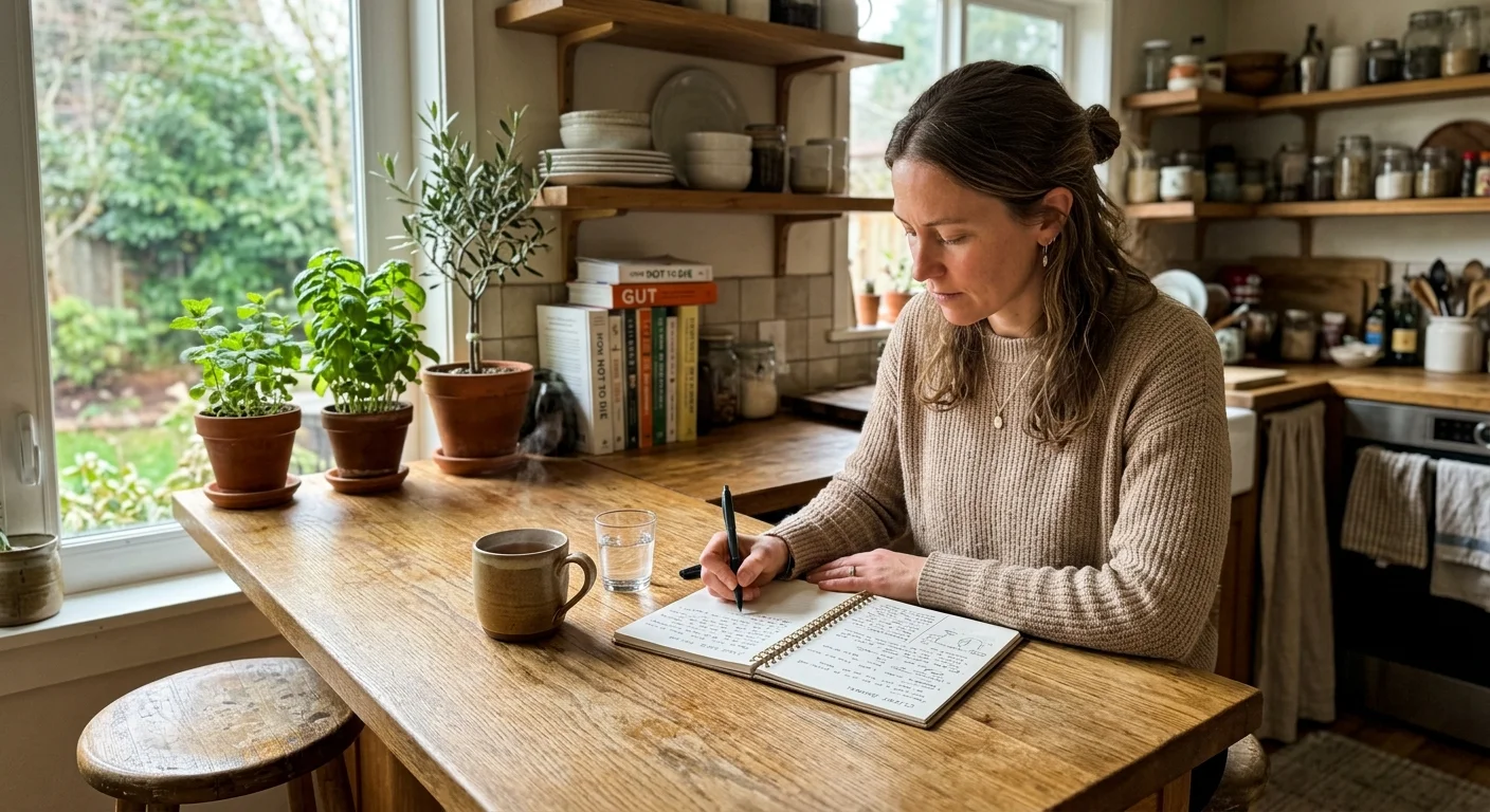 A candid photo of a nutritionist writing in a notebook at a sunlit kitchen island with a warm mug.
