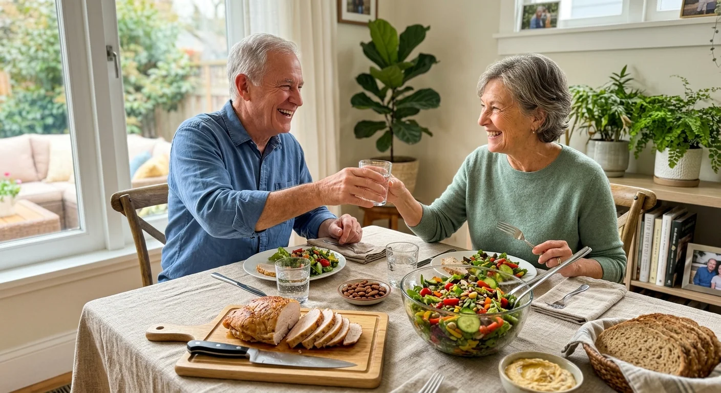 A candid photo of an active older couple sharing a protein-rich lunch of turkey and salad in their sunlit home.