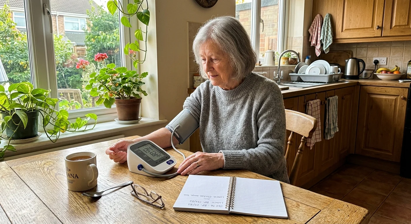 A candid photo of an adult checking their blood pressure with a digital monitor at a sunlit kitchen table.